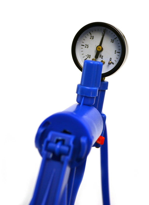 Handheld blue vacuum pump with gauge and 19.5-inch tube