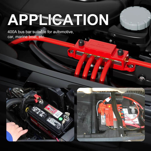 Beefy 400A 12V Bus Bar Power Distribution Block With Six Terminal Studs Sized For Standard Five Sixteenth Inch Bolts M8 For Boat RV Automotive And Solar Systems Positive And Negative Marine Electrical Terminal Block installed on battery cables