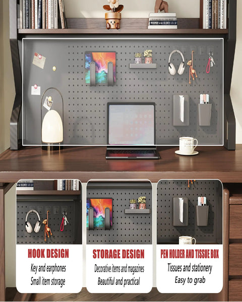 2-Tier Open Desk Organizer With DIY Pegboard, Space Saving Desktop Storage Rack For Home, Office, And Dorm, showing pegboard use