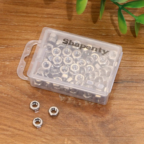 100 Pack M3 Stainless Steel Hex Nuts With Internal Female Threads 3mm Durable Corrosion Resistant Fasteners For Electronics Automotive And DIY Projects in a plastic box with visible nuts on a wooden table, showcasing their silver finish and compact design for versatile use.