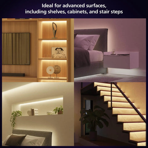 Rooms transformed by Dope Lightstrip Starter Kit With A 6Ft LED Strip, Base Plug, And Hue Hub For PC Sync, highlighting shelves and stairs