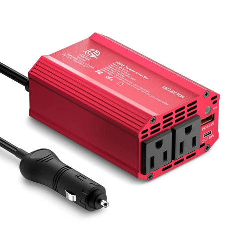 Portable 300W Power Inverter Converts Dc 12V To Ac 110V With Dual Ac Outlets And Usb C Pd 65W Usb A Fast Charge Ports, red.
