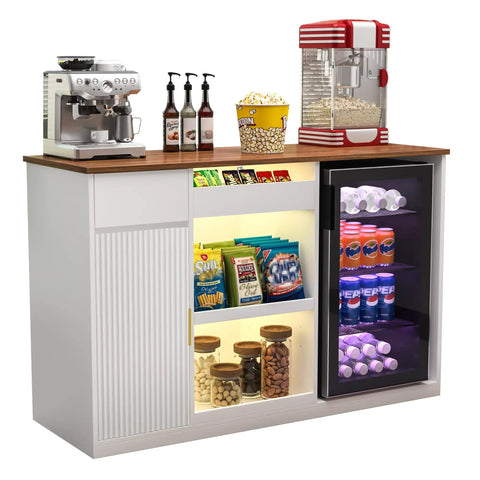 Snack Bar Cabinet With Fridge Space And Candy Display Shelf, All In One Coffee Station For Home Theater Or Game Room, White 51.2 Inch Long Storage Organizer For Chips Cookies And Candy, featuring a coffee machine and popcorn maker.