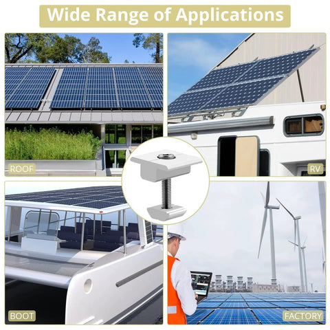 Wide range of applications for Heavy Duty Solar Panel Center Clamps Knockout Grip for 40mm Photovoltaic Rails on roofs, RVs, and boats.