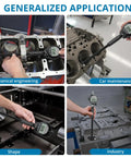 Collage showing Digital Dial Bore Gauge Set 50-160mm (2-6 In) with 12 Anvils used in various industrial applications.