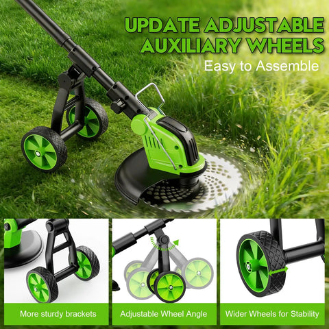 20000 RPM Cordless Weed Wacker With Wheel 12 Inch Brushless 4 In 1 Grass Trimmer showing adjustable auxiliary wheels