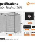Specification sheet for Backyard Batting Cage Netting With Target 10ft By 10ft By 10ft Frame Not Included, polyester material.