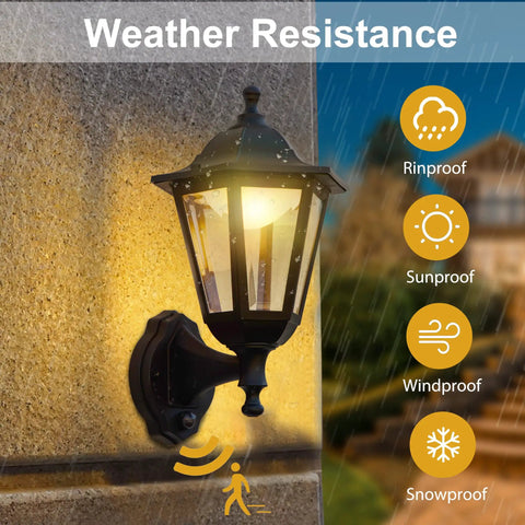 Motion Activated Outdoor Porch Light With Waterproof Exterior Sconce Featuring Motion Sensor No Fuss Easy Install Black Anti Rust Plastic LED Lamp For Front Door Garage Patio And House Exterior glowing in rain.