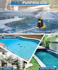 Built Like A Tank One Horsepower Pool Cover And Sump Pump Moving Up To 3500 GPH in use on a covered swimming pool.
