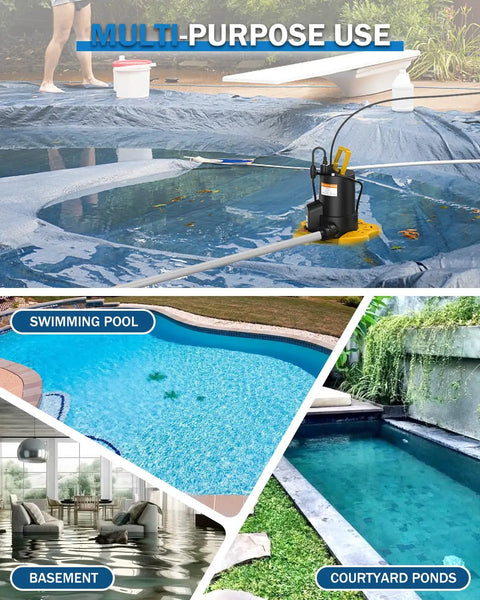 Built Like A Tank One Horsepower Pool Cover And Sump Pump Moving Up To 3500 GPH in use on a covered swimming pool.