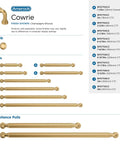Cowrie Champagne Bronze Cabinet Pull Five And One Sixteenth Inch Center To Center Measurement For Cabinets And Drawers Transitional Style Five And Five Eighths Inch Overall Length Model BP37703CZ chart with various sizes and styles.
