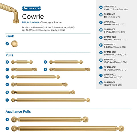 Cowrie Champagne Bronze Cabinet Pull Five And One Sixteenth Inch Center To Center Measurement For Cabinets And Drawers Transitional Style Five And Five Eighths Inch Overall Length Model BP37703CZ chart with various sizes and styles.