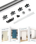 48 Inch Aluminum Bypass Sliding Door Hardware Kit Includes Two 8 Inch Barn Door Handles Commercial Grade Box Track Smooth Rolling Convex Rails Front Cover Concealment Premium 304 Stainless Steel Handles With Powder Coat shown with installation examples