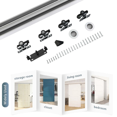 48 Inch Aluminum Bypass Sliding Door Hardware Kit Includes Two 8 Inch Barn Door Handles Commercial Grade Box Track Smooth Rolling Convex Rails Front Cover Concealment Premium 304 Stainless Steel Handles With Powder Coat shown with installation examples
