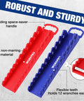Super Magnetic Wrench Organizer Two Pack Holds Twelve Heavy Ratchets Each For Twenty Four Total Tools Fits Sae And Metric Stubby Styles. Red and blue magnetic wrench holders with flexible teeth, compact design.