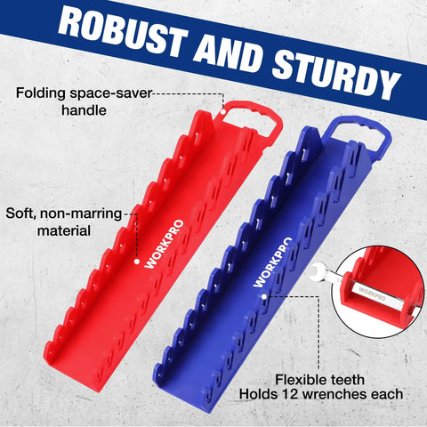 Super Magnetic Wrench Organizer Two Pack Holds Twelve Heavy Ratchets Each For Twenty Four Total Tools Fits Sae And Metric Stubby Styles. Red and blue magnetic wrench holders with flexible teeth, compact design.