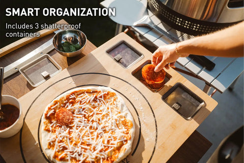 Large Bamboo Cutting Board With 3 Shatter Resistant Containers And Lids For Kitchen Prep, Anti Slip Rubber Feet, Big Chopping Board For Dicing, Storage, And Meal Toppings, Size 45.7 X 60 Cm shown with toppings and pizza