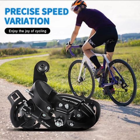 Rear Derailleur TY300 Direct Mount for mountain bikes, smooth gear changes in black steel with cyclist on road