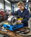 Industrial Grade Pneumatic Hydraulic Hose Crimping Machine With Air Over Oil Technology used by a technician in a workshop.