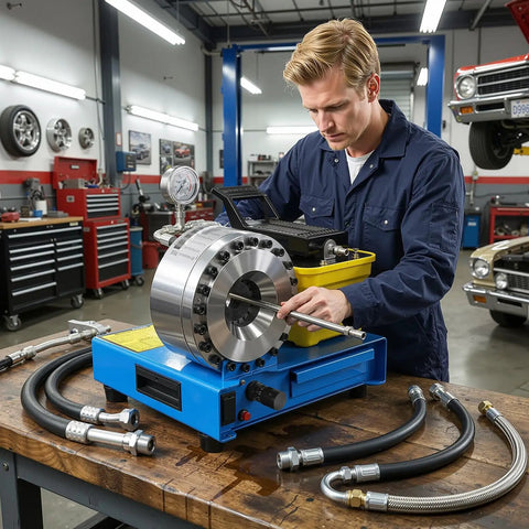Industrial Grade Pneumatic Hydraulic Hose Crimping Machine With Air Over Oil Technology used by a technician in a workshop.