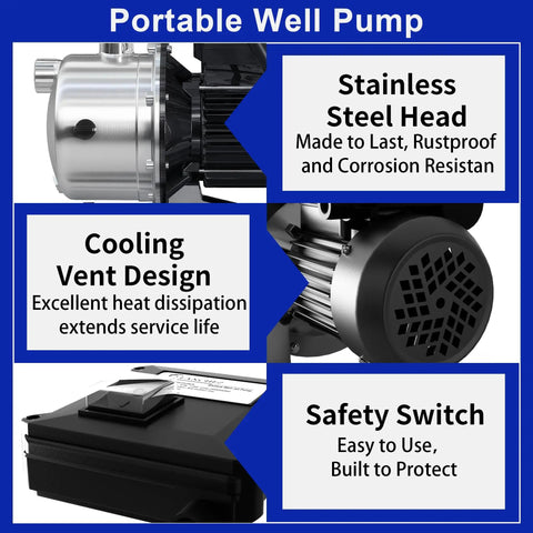 Image of Shallow Well Pump With Stainless Steel Build, showing stainless steel head, cooling vent design, and safety switch features.