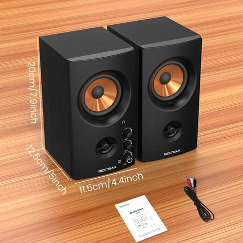 Active Bookshelf Speakers, 50W Bluetooth Home Studio Monitors With 3 Inch Woofer And 1 Inch Silk Dome Tweeter, RCA Inputs shown on wood surface