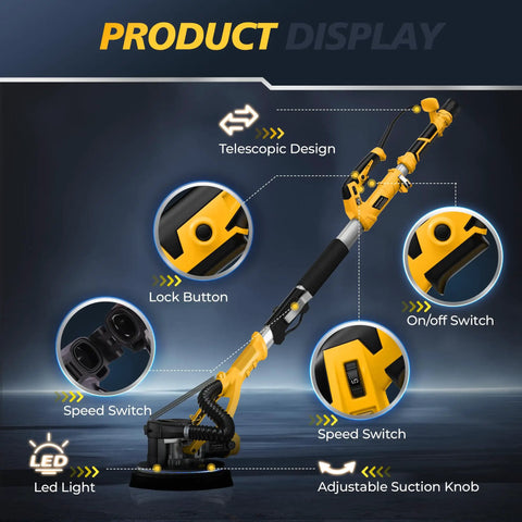 Pro Grade 880W Drywall Sander With Adjustable 5 Speed Settings And 1000 To 2100 Rpm Pure Copper Motor showing telescopic design and control switches.