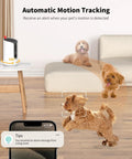 Indoor Pet Camera With Treat Dispenser And Remote Toss 360 Degree View 5G And 2 4G WiFi tracking dogs on couch and floor.