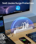 Ultra Thin Surge Protector Power Strip With USB A And USB C Flat Plug 6ft Cord Four AC Outlets 1440J Surge Protection 1625W Peak ETL Listed Wall Mount Ready Ideal For Home Office Dorm White shown on desk with devices connected.