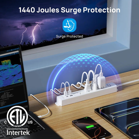 Ultra Thin Surge Protector Power Strip With USB A And USB C Flat Plug 6ft Cord Four AC Outlets 1440J Surge Protection 1625W Peak ETL Listed Wall Mount Ready Ideal For Home Office Dorm White shown on desk with devices connected.