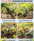 Close-up of 70 Inch Heavy Duty 2 In 1 Weeder And Garden Hoe with Long Handle used to aerate soil in garden settings.