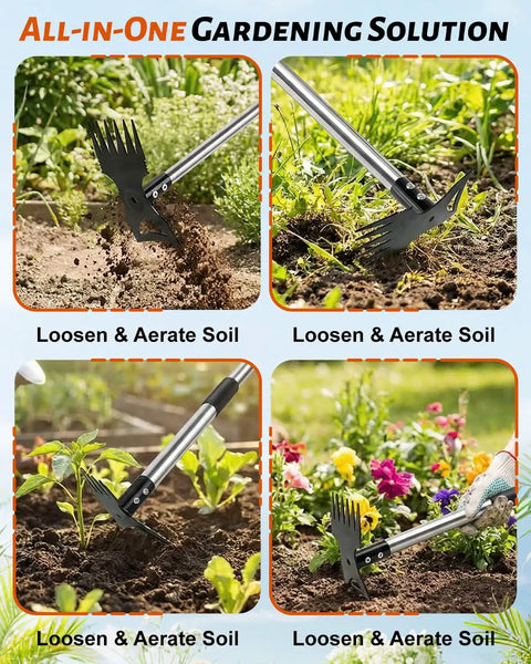 Close-up of 70 Inch Heavy Duty 2 In 1 Weeder And Garden Hoe with Long Handle used to aerate soil in garden settings.
