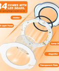 Exploded view of 10X Magnifying Glass With Light And Stand, 84 LEDs, showing holder, LED light panel, lamp shell, magnifier, transparent plate