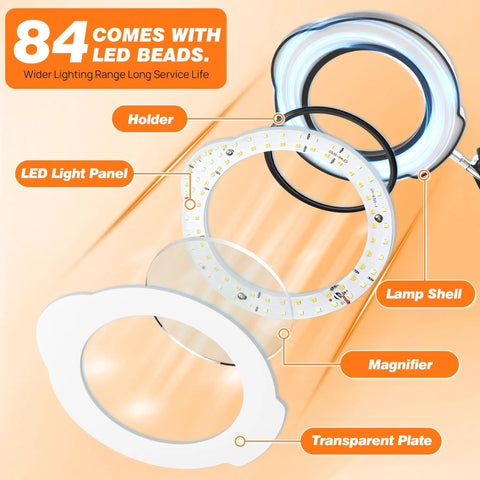 Exploded view of 10X Magnifying Glass With Light And Stand, 84 LEDs, showing holder, LED light panel, lamp shell, magnifier, transparent plate