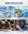 PIONFYNES 60-piece plastic push-to-connect air fittings kit; collage of automation, workshop, woodworking, auto repair.