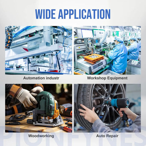 Wide applications of Pro Grade 10 Pack 3/8 Inch Push To Connect Fittings in automation, woodworking, and auto repair.