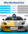 Comparison image showing real carbon fiber license plate frame benefits over plastic designs, conflicts with the title.