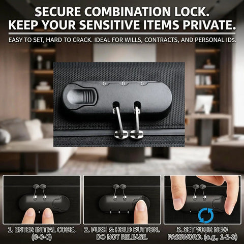 Fireproof Document Box With Lock Soft Shell for Important Papers Passports Certificates and a 14 Inch Laptop. Lock detail shown.