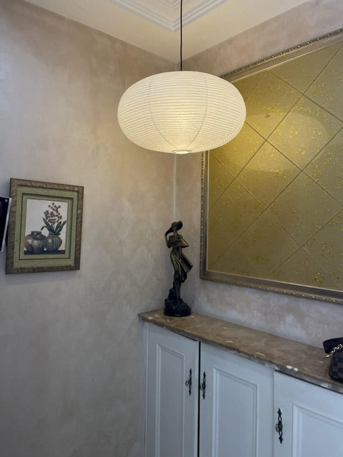 Large White Chinese Paper Ceiling Lamp Shade And Oval Pendant Light Cover With Vintage Round Chandelier Lantern Design in cozy interior