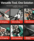 Four In One Wire Stripping And Testing Pliers With Digital LCD Display For Cutting Stripping And Crimping Plus Voltage Tester Check This Pro Grade Multi Functional Electrician Tool For Home Wiring Automotive Repair And DIY Projects Green, close-up multitool pliers