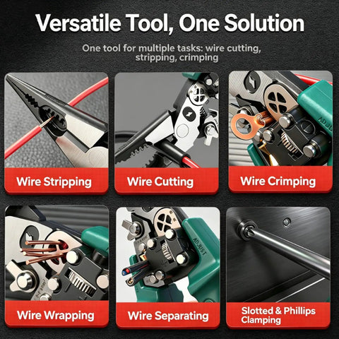 Four In One Wire Stripping And Testing Pliers With Digital LCD Display For Cutting Stripping And Crimping Plus Voltage Tester Check This Pro Grade Multi Functional Electrician Tool For Home Wiring Automotive Repair And DIY Projects Green, close-up multitool pliers