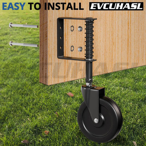 Heavy Duty 5 Inch Spring Loaded Gate Caster Wheel Packs Rock Solid Shock Absorption And Smooth 360 Swivel Glide For Outdoor Wooden Fence And Steel Tube Gates No Stress Rolling Up To 220 Pound In Matte Black mounted on a wooden fence.
