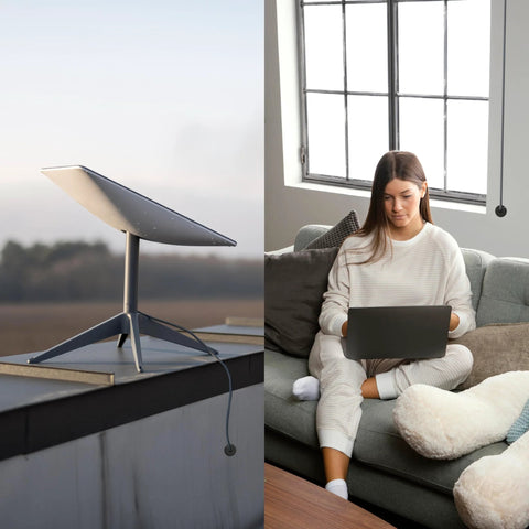 Starlink dish installed on a rooftop and a woman using a laptop indoors, showcasing connectivity. Two Pack Silicone Wall Bushing For Three Quarter Inch Holes In Walls And Panels, Waterproof Pass Through Grommet With Non Slip Strips For Enhanced Sealing, Internal 0.31 Inch Opening For Cables Up To 7.5 Mm, Starlink Routing Kit Accessory.