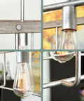 Close-up details of 34 Inch Four Light Modern Farmhouse Kitchen Island Light With Linear Oval Metal Frame In Bleached Oak And Galvanized Steel Finish For Open Concept Kitchens And Industrial Vibes