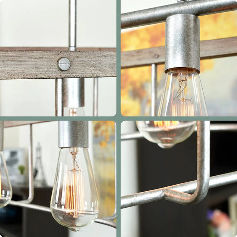 Close-up details of 34 Inch Four Light Modern Farmhouse Kitchen Island Light With Linear Oval Metal Frame In Bleached Oak And Galvanized Steel Finish For Open Concept Kitchens And Industrial Vibes