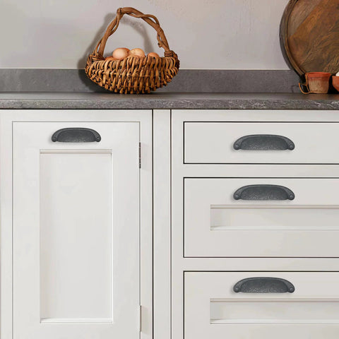 Cabinet with 10 Pack Rustic Cup Pulls In Black Iron, 3-3/4 Inch Center-To-Center Cabinet Hardware, Vintage Farmhouse Style