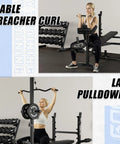 Olympic Weight Bench Set With Leg Extension And Leg Curl 9 In 1 Workout Bench showing preacher curl and lat pulldown use