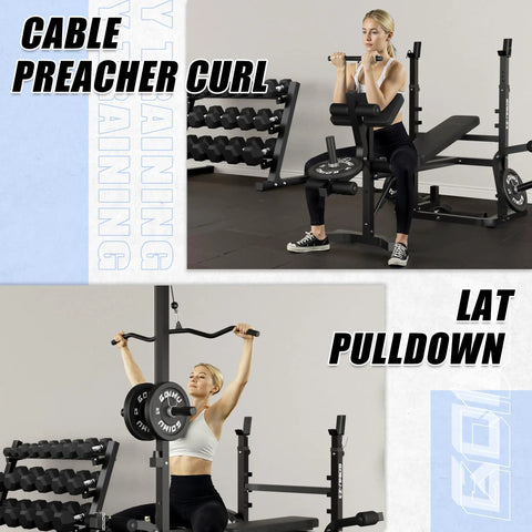 Olympic Weight Bench Set With Leg Extension And Leg Curl 9 In 1 Workout Bench showing preacher curl and lat pulldown use