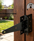 6 Inch T Strap Gate Hinges 2 Pack Black Powder Coated Steel Tee Hinge Hardware Rust Resistant Heavy Duty with 270 Degree Rotation detail