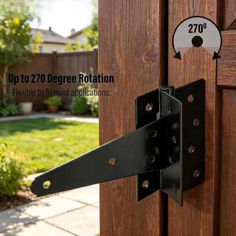 6 Inch T Strap Gate Hinges 2 Pack Black Powder Coated Steel Tee Hinge Hardware Rust Resistant Heavy Duty with 270 Degree Rotation detail